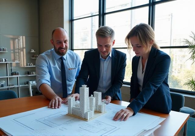 Architectural consulting session with structural blueprints