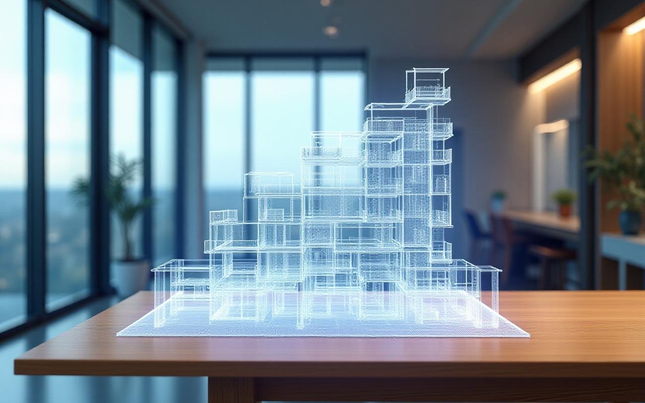 Modern architectural blueprint overlay on a bright office interior