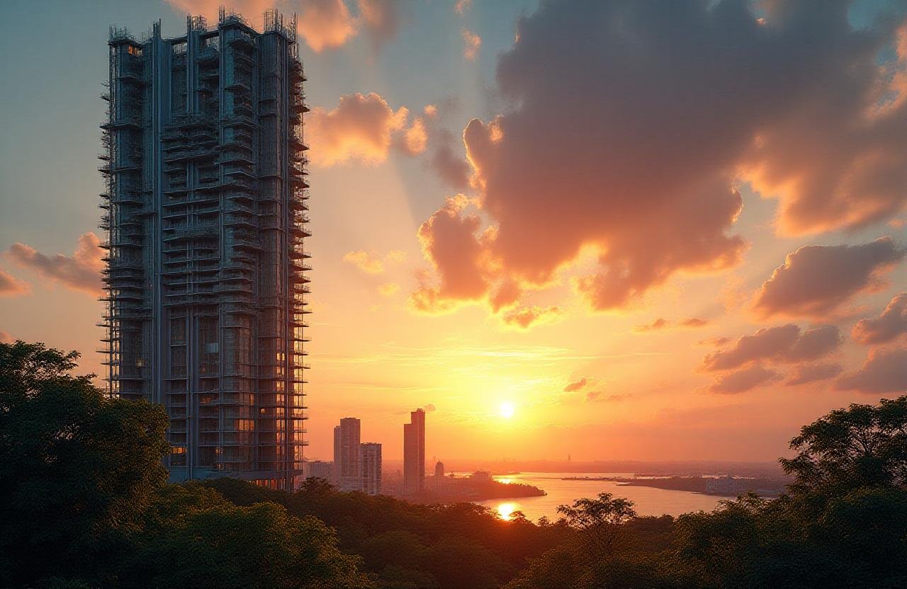 Modern sustainable skyscraper silhouetted against a Manila sunset