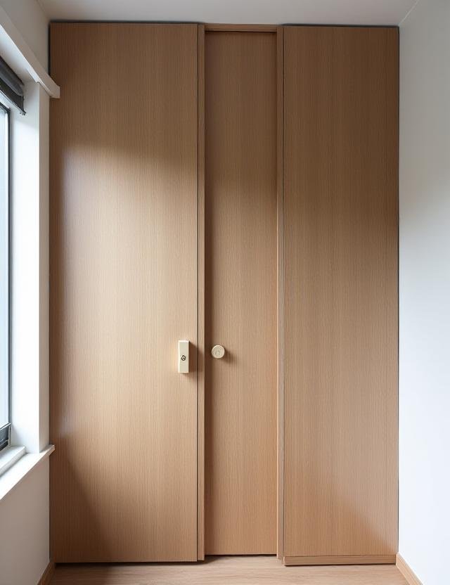 Modern micro-apartment showing a wooden pivot wall and minimalist built-in storage