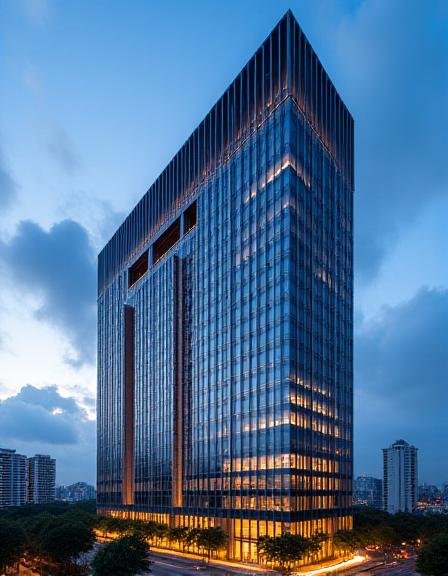 Sustainable glass office complex in Makati at dusk