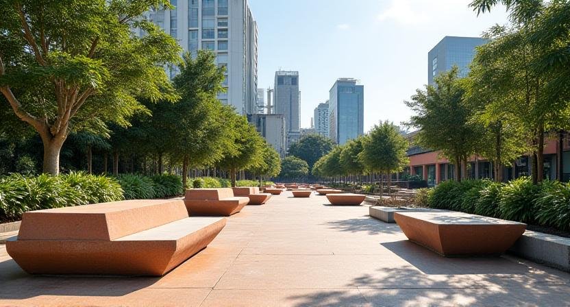 Public park renovation in Manila featuring geometric concrete structures and lush greenery