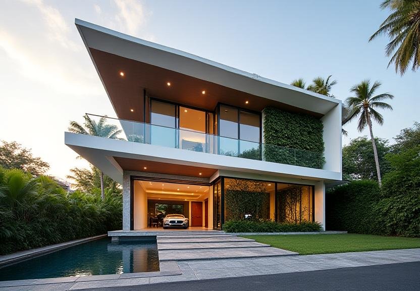 Modern residential villa in Taguig with cantilevered roofs