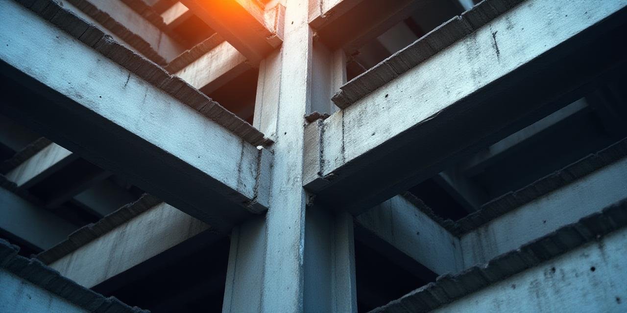 Close-up of interlocked steel reinforced concrete beams showing geometric structuralism