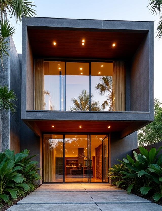 Modern tropical house facade with deep eaves and wood accents