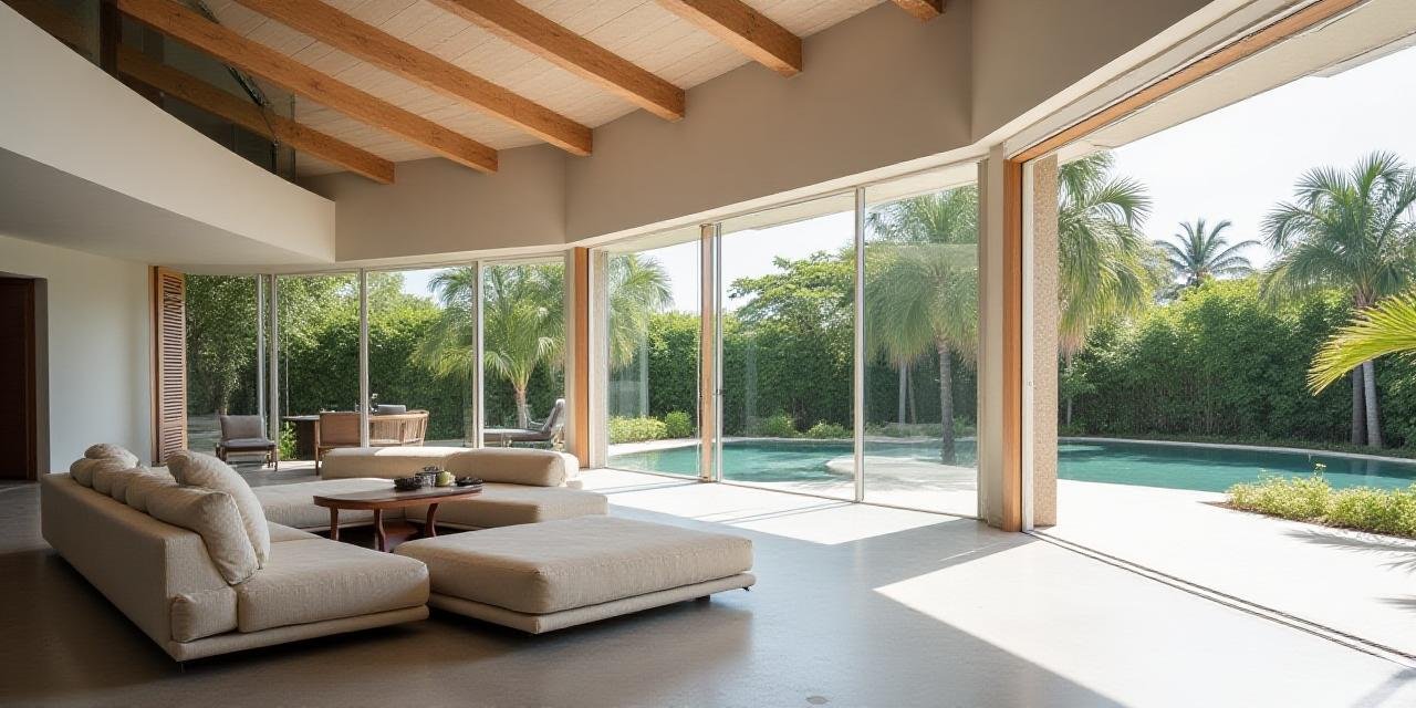 Open plan living area with high ceilings and natural airflow